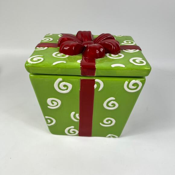 Ceramic Gift Box Canister Christmas Present Cookie Jar Green Red Ribbon Ceramic - Picture 2 of 16